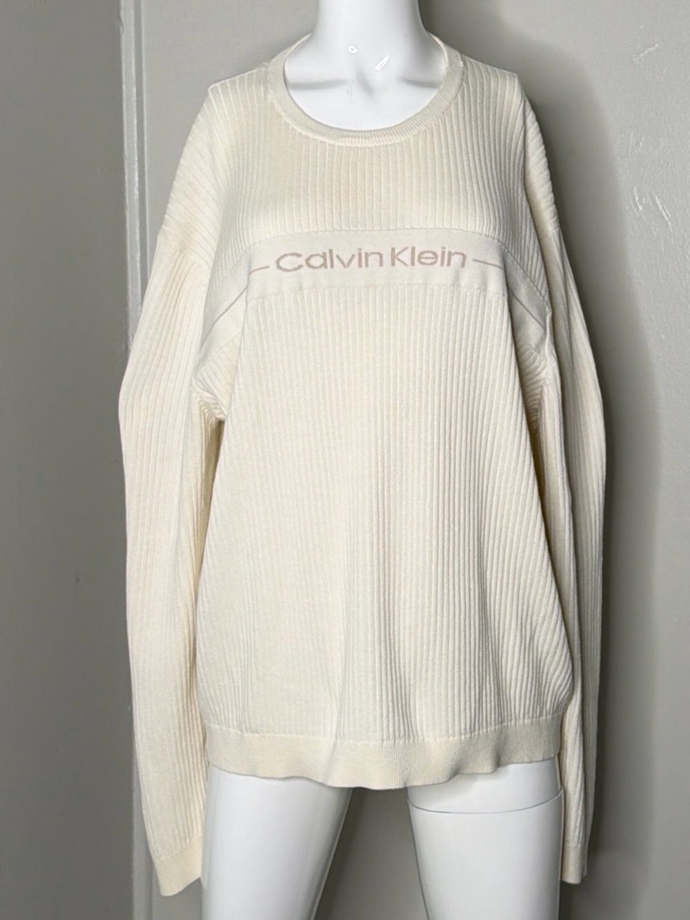 Calvin Klein Ivory Ribbed Logo Crewneck Sweater XL